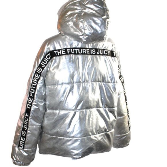 Juicy Couture Black Label Gloss Silver Graphic Puffer Hooded Coat, Size Large - Picture 7 of 10